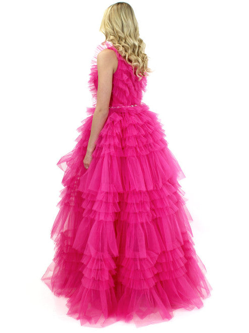 The Marc Defang 8092 Prom Dress is perfect for any ballroom. With its V neckline, long tulle layered ruffles, and sparkling crystal detail, it is sure to make you the center of attention. Its comfortable fit and luxe fabric makes it the ideal choice for a special occasion.  Sizes: 00-16  Colors: Hot Pink, Aqua, White, Royal, Red