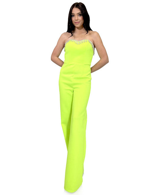 This Marc Deafang 8180 Strapless Crystal Tassel Pageant Jumpsuit is perfect for formal interviews and special occasions. The tassel design and crystal accents add an elegant touch, while the scuba fabric is durable and comfortable to wear. This jumpsuit is a must-have for any stylish wardrobe.  Sizes: 00-16  Colors: Neon Green, Royal Blue, Hot Pink - Message us for custom color see swatches