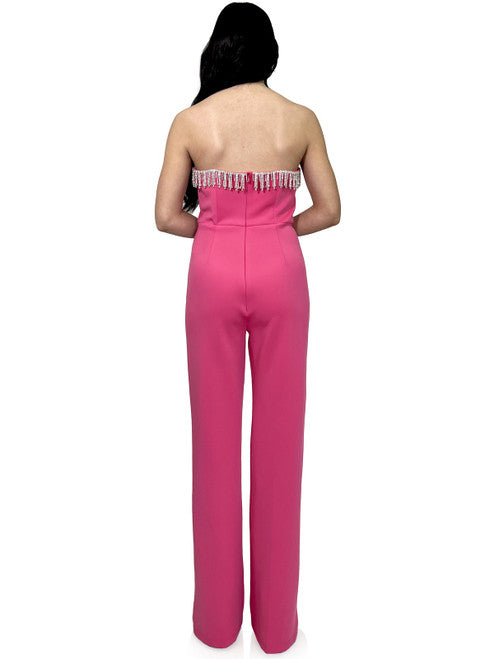 Marc Defang 8180 Long Scuba Strapless Jumpsuit Crystal Fringe Tassel Pageant Neon  Available Size:  2, 12  Available Color:  Hot Pink