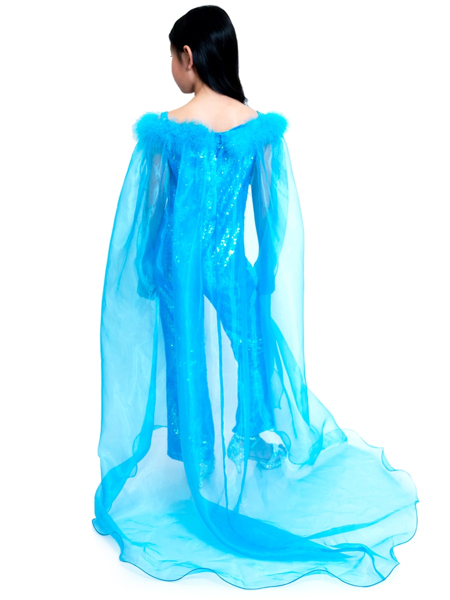 Marc Defang 8099K is a KIDS long pageant formal wear jumpsuit that is made of sequins and has off the shoulder straps.  The straps are attached to a cape with feathers at the shoulders.  Wow the crowd at your next pageant.  Available colors:  Pink, Turquoise, White, Black, Royal