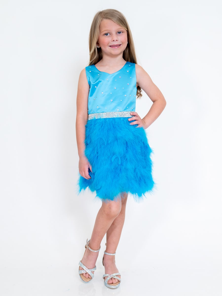 Marc Defang 5072 Size 4, 8 Blue Girls Dress Short Feather Skirt Scoop Neckline Embellished Top and Waistline