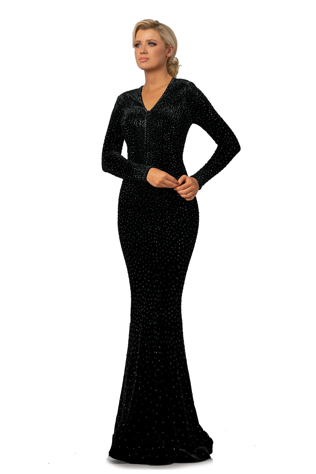 Johnathan Kayne 2045 Crystal Velvet Evening Gown Long Sleeve