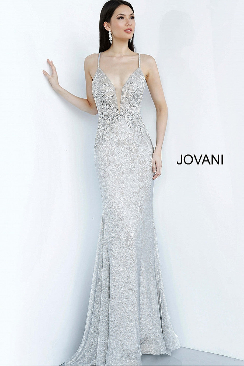 Jovani JVN 03167 Size 8 Silver Prom Dress Evening Gown Beaded Iridescent Lace