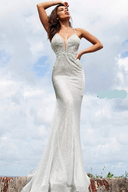 Jovani JVN 03167 Size 8 Silver Prom Dress Evening Gown Beaded Iridescent Lace