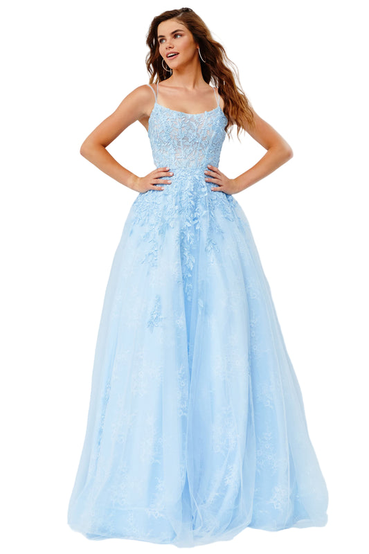 Jovani JVN06644 is a Long Lush Ballgown Prom Dress. This gown features a sheer fitted bodice with a scoop neckline and spaghetti straps. Floral lace appliques Embellish the top and cascade down into the full a line skirt. Open corset lace up tie back with a sweeping train. JVN 06644