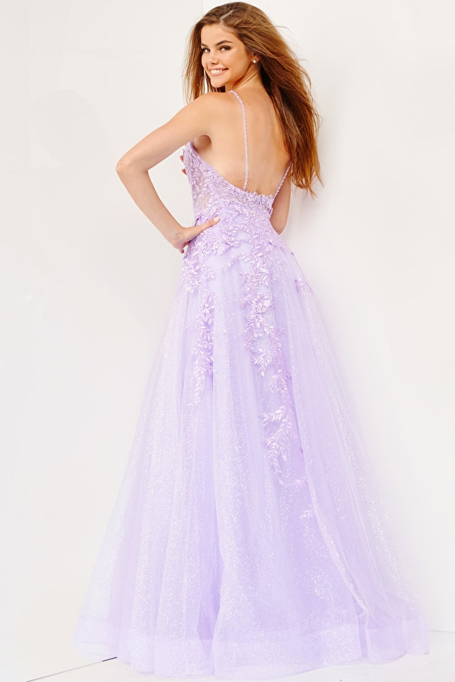 Jovani JVN02266 floral embroidered A line prom dress evening gown plunging v neckline