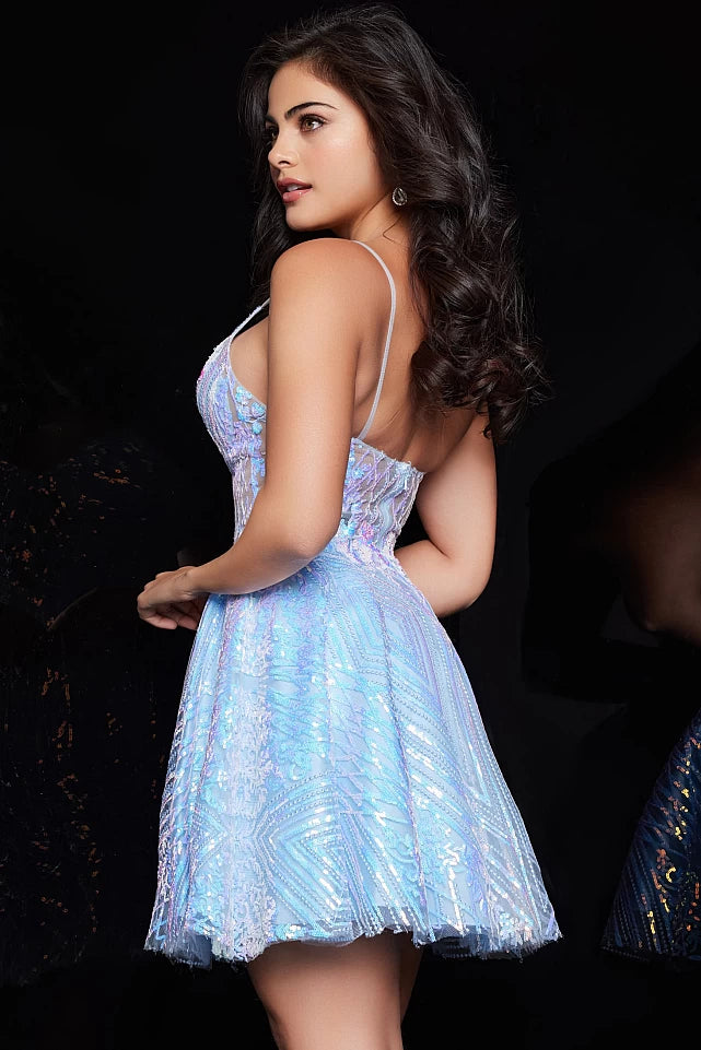 JVN23258 Sheer Embroidered Sequin Corset Fit and Flare Homecoming Dress.  Make a statement at your next homecoming with JVN23258! This dress features a sheer embroidered bodice with a sequin corset, fit and flare skirt and flattering off-the-shoulder straps. Perfect for a night of fun and dancing!
