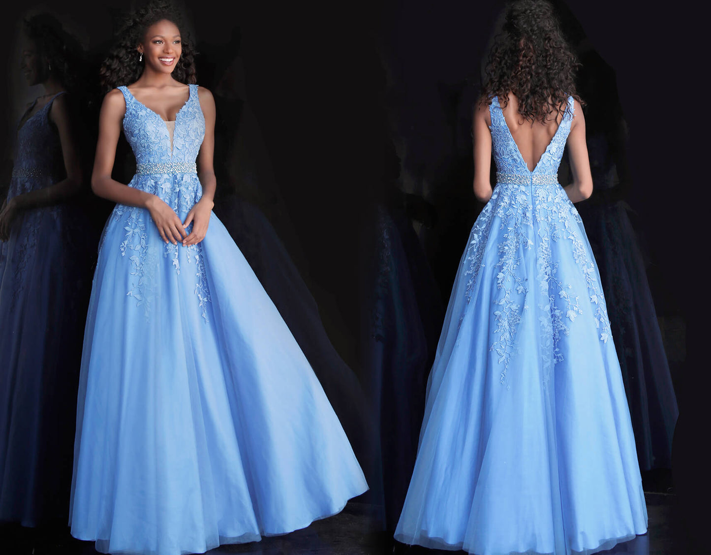 JVN68258 Blue tulle prom dress ball gown embroidered lace plunging neckline evening gown 