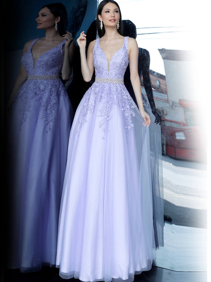 JVN68258 Light Purple tulle prom dress ball gown embroidered lace plunging neckline evening gown off white informal wedding dress 
