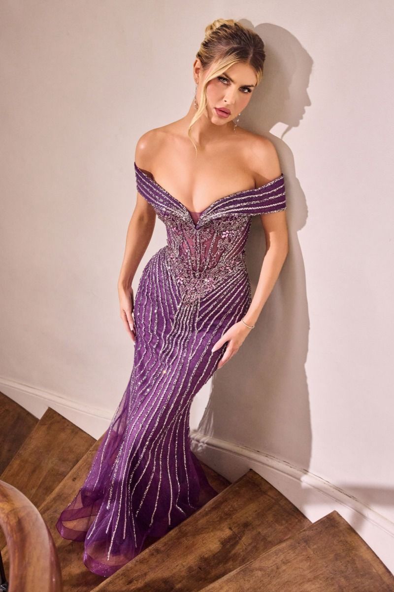 evening dresses cork Ladivine KV1130 Fitted Off-Shoulder Fully Embellished Evening Gown Midnight Grey / 8