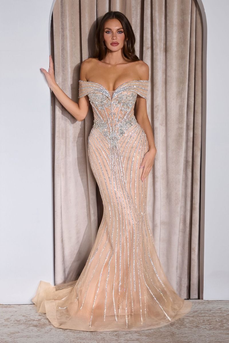 Ladivine KV1130 Off-the-Shoulder Sheer Corset Prom Dress 2 / Silver/Nude Ladivine KV1130 Off-the-Shoulder Sheer Corset Prom Dress 2 / Silver/Nude