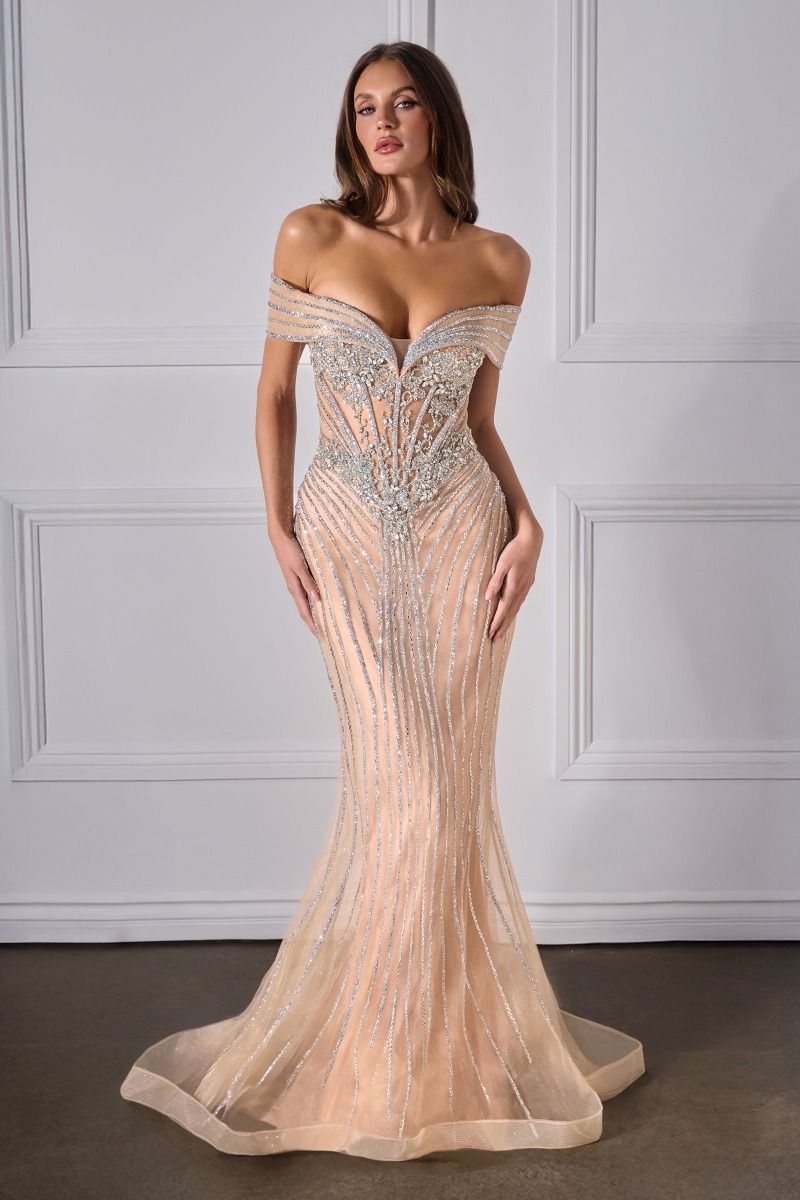Ladivine KV1130 Off-the-Shoulder Sheer Corset Prom Dress features a striking plunging sweetheart neckline and elegant mermaid silhouette that commands attention. The sheer corset bodice provides structured support with a modern edge, while off-the-shoulder styling adds timeless sophistication. A dramatic train completes the look, making this gown ideal for prom, formal events, or red-carpet moments. Crafted for those seeking a bold, glamorous statement piece that balances sensuality with refined elegance.

