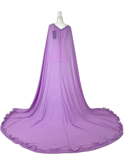 Elevate your formal look with the Marc Defang 2011 Long Chiffon Formal Pageant Cape. This detachable cape features 2 panels for a customizable fit and a stunning chiffon fabric that will flow gracefully as you move. Perfect for pageants, this cape adds that extra touch of elegance to your ensemble.   Ladies ONE SIDE FITS ALL