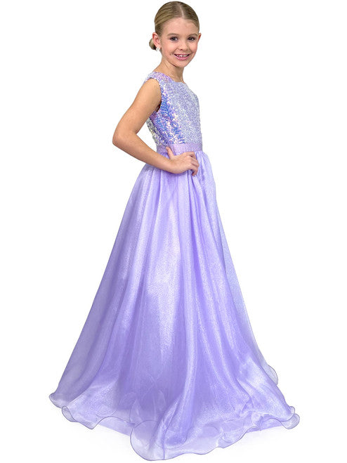 Marc Defang 5009 Long A Line Sequin Girls, Kids and Preteen's Ball Gown Pageant Dress Organza and Sequins   A classic classy perfect evening gown! Scallop shape necklines  Fully beaded top Hand crafted AB Crystals on the waistband  Organza skirt Center back invisible zippers  Fully lined  Available Sizes: 4  Available Colors: Lilac