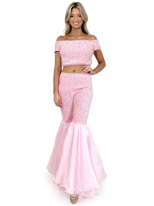 Marc Defang 8218 Size 4 Barbie Pink Velvet Sequin Two Piece Bell Bottom Jumpsuit Pageant Fun Fashion Formal
