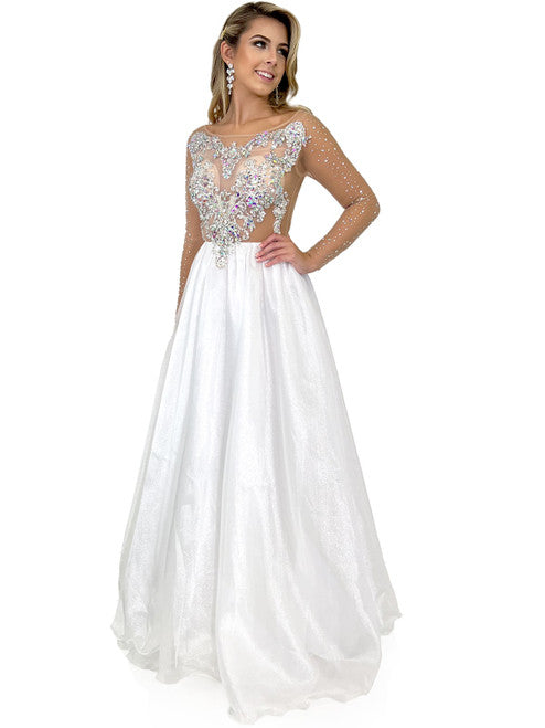 Make an unforgettable entrance in this Marc Defang 8309 Sheer Crystal Bodice A Line shimmer organza ballgown skirt Pageant Dress. This formal gown features a delicate crystal embellished long sleeve top adorned with shimmering crystals and a A-line floor length skirt. Perfect for a pageant or a special event.  Sizes: 00,0,2,4,6,8,10,12,14,16  Colors: White