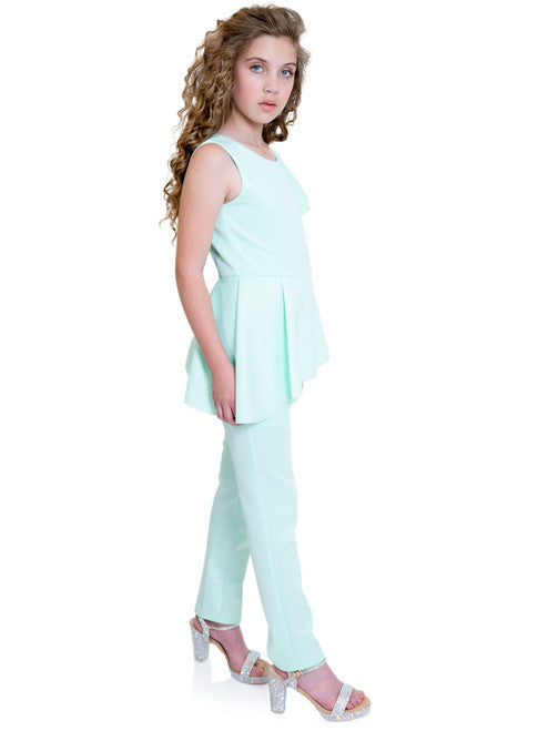 Marc Defang 8117k girls, kids pageant interview jumpsuit peplum skirt with one shoulder ruffle  Available sizes: 2-14  Available colors: Mint, Hot Pink, Red, Lilac (Check swatches for custom colors - 30-45 days)