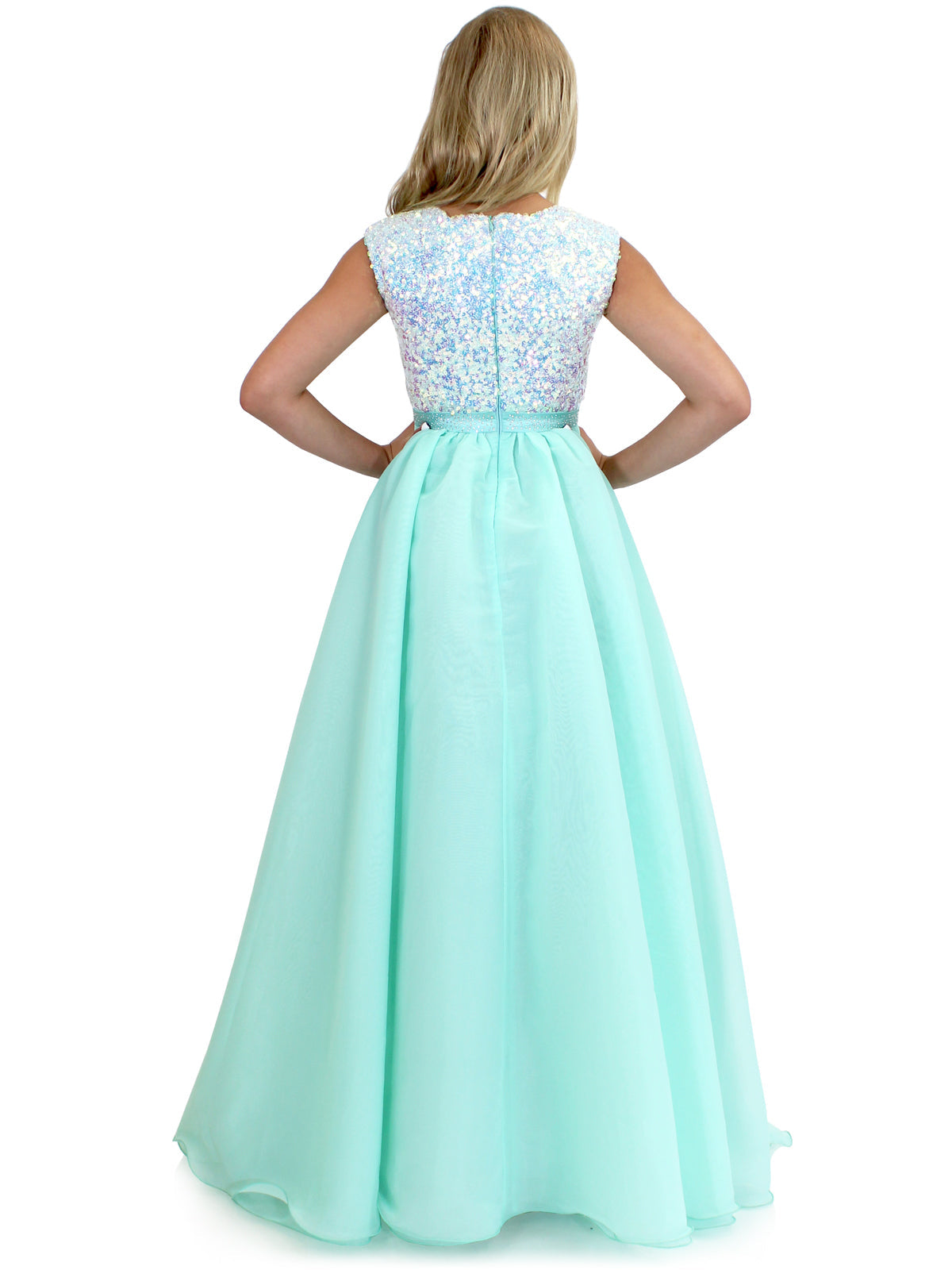 Marc Defang 5009 Long A Line Sequin Girls Ball Gown Pageant Dress Chiffon Kids  A classic classy perfect evening gown! Scallop shape necklines  Fully beaded top Hand crafted AB Crystals on the waistband  Organza skirt Center back invisible zippers  Fully lined  Available Sizes: 4-14  Available Colors: Royal Blue, Mint, White, Red  IF NOT IN STOCK PLEASE ALLOW 30 DAYS FOR DELIVERY!