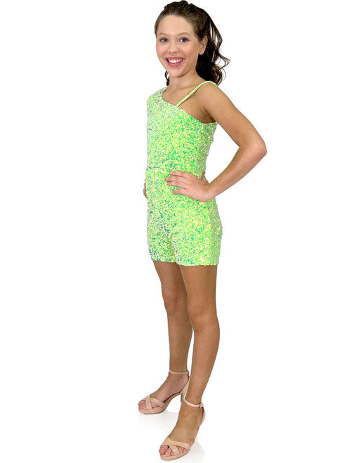 Marc Defang 8048K Neon Green Girls, Kids and Preteens Short Sequined Velvet Pageant Romper One Shoulder Long Sleeve Fun Fashion  Single shoulder sleeve Beaded Strap Fully beaded Romper Detachable Overskirt (optional) not included Center back invisible zipper Fully lined Size: 2  Color: Neon green  *Overskirt Not Included!