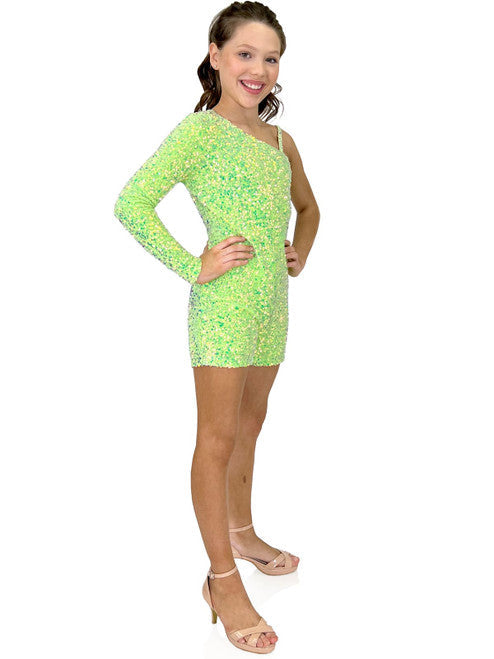 Marc Defang 8048K Neon Green Girls, Kids and Preteens Short Sequined Velvet Pageant Romper One Shoulder Long Sleeve Fun Fashion  Single shoulder sleeve Beaded Strap Fully beaded Romper Detachable Overskirt NOT INCLUDED!!! Center back invisible zipper Fully lined Please allow 25-30 Days Delivery! Additional colors Inquire from swatches.  
