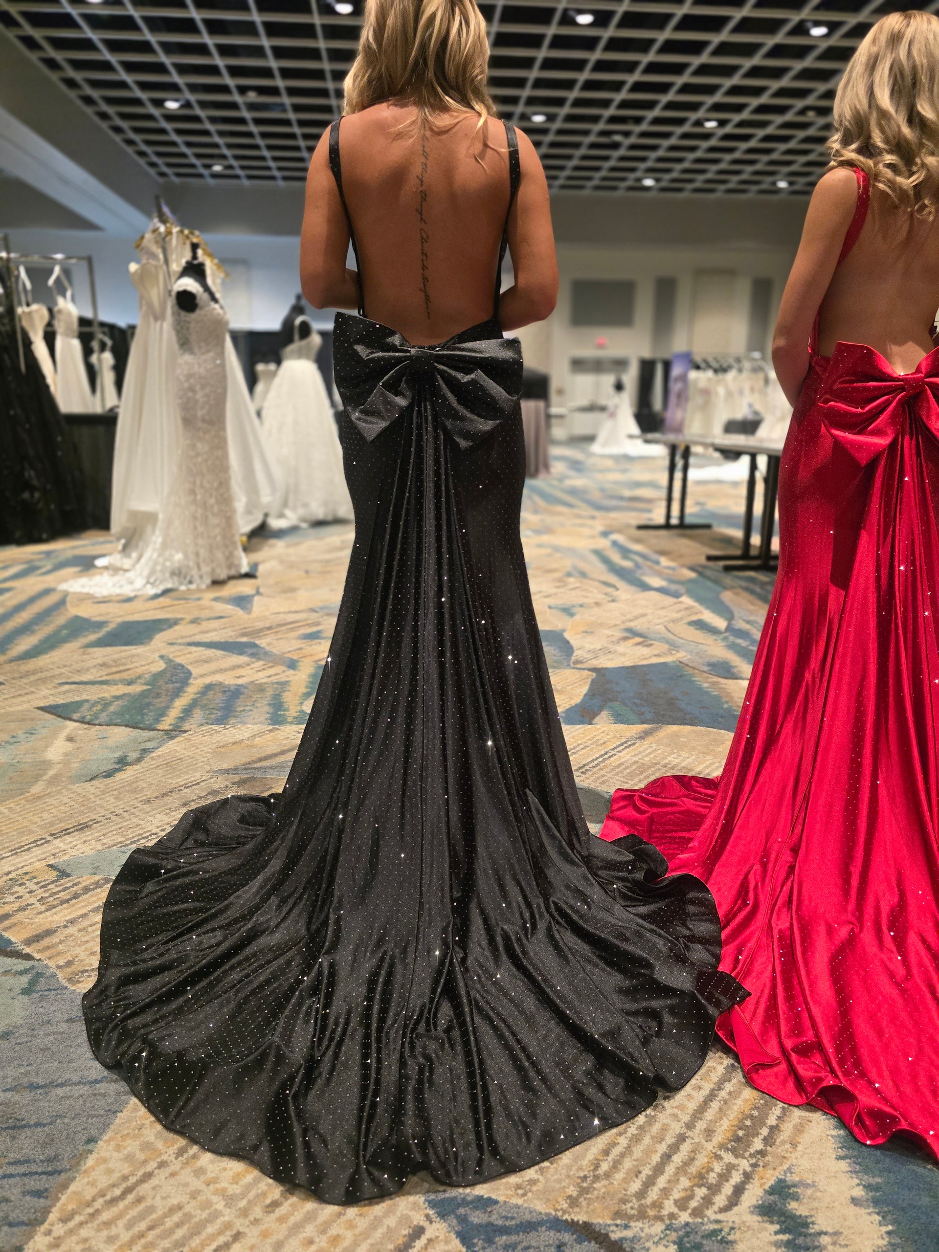 Nina Canacci 9212 Crystal Jersey Prom Dress Backless Bow Overskirt Gown Formal 14 / Black