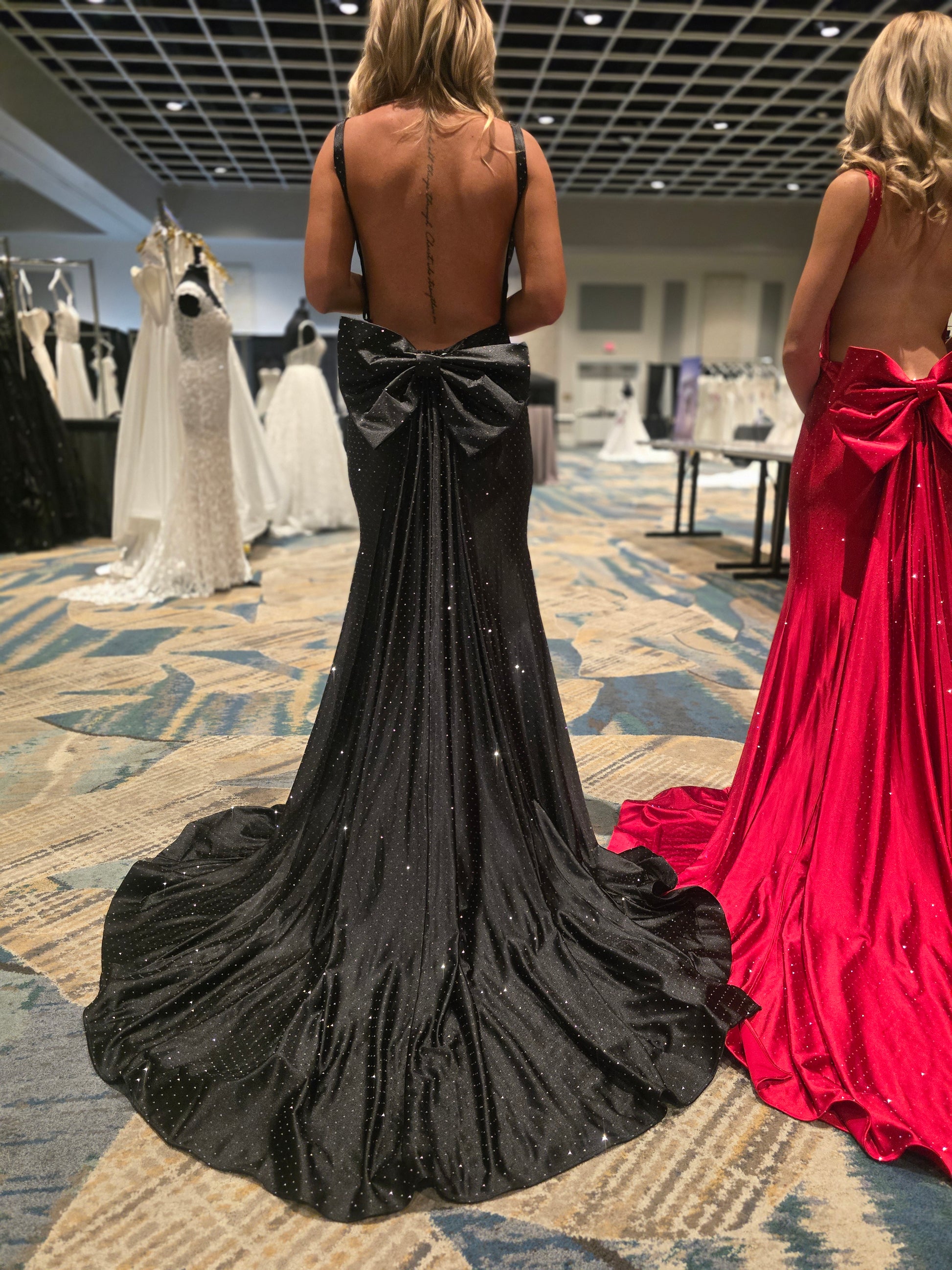 slim fit dress slacks Nina Canacci 9212 Crystal Jersey Prom Dress Backless Bow Overskirt Gown Formal 14 / Black