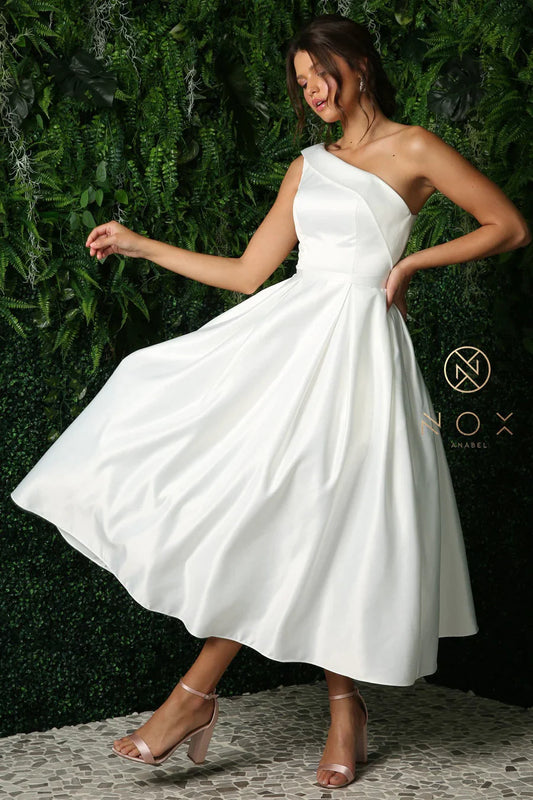 Nox Anabel JE931W Size 6 & 14 White Wedding Dress Formal short  One Shoulder A line