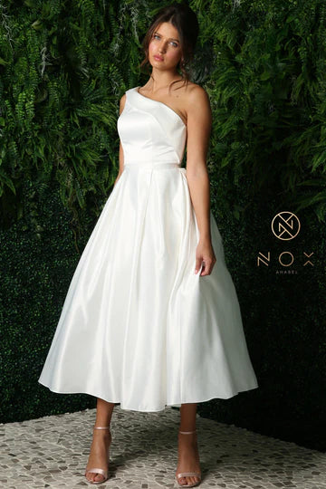 Nox Anabel JE931W White Wedding Dress Formal Tea Length One Shoulder A line Satin Reception Gown