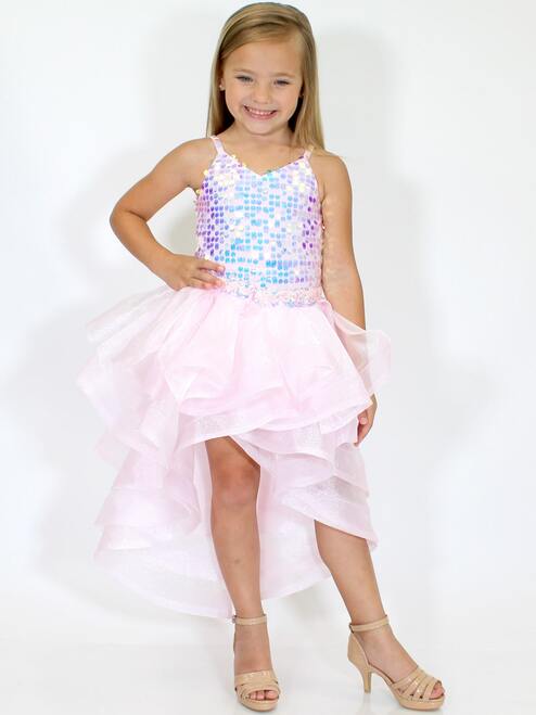 Marc Defang 5002 Pink High Low Sequin Girls Pageant Romper Layered Detachable Overskirt