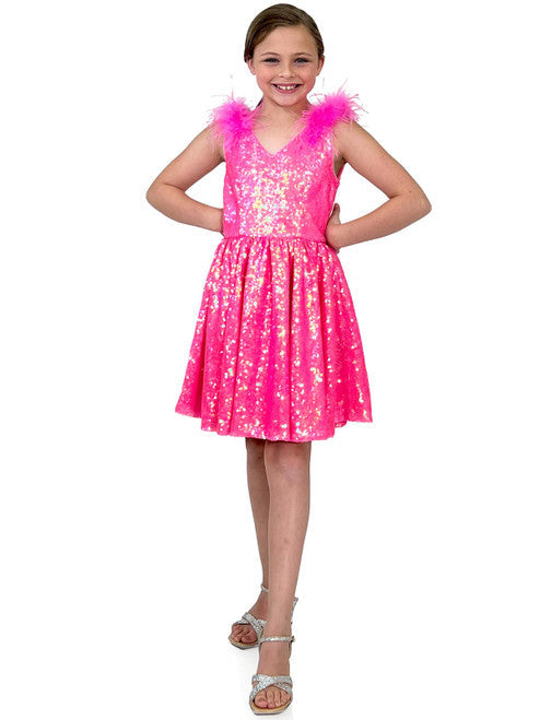 This Marc Defang formal dress is for the modern girl. Crafted from high-quality fabric, the dress features an eye-catching sequin feather V-neckline, and an A-line silhouette. Perfect for pageants, this dress is sure to make a statement.  Sizes: 4,5,6,7,8,9,10,11,12,13,14  Colors: Barbie Pink - Inquire to swatches for additional colors. 30 days