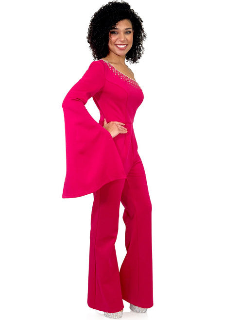 Enhance your evening look with Marc Defang's 8267 Pageant Jumpsuit. This elegant design features a one-shoulder neckline, One long bell sleeves, a crystal fringe detail and a fitted silhouette. Update your wardrobe with this fashionable and flattering piece.  Sizes: 00-16  Colors: Hot Pink, Royal Blue, Neon Green, Light Blue, Black  Contact us for custom colors - Allow 30 days Production
