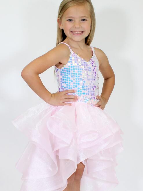 Marc Defang 5002 Pink High Low Sequin Girls Pageant Romper Layered Detachable Overskirt