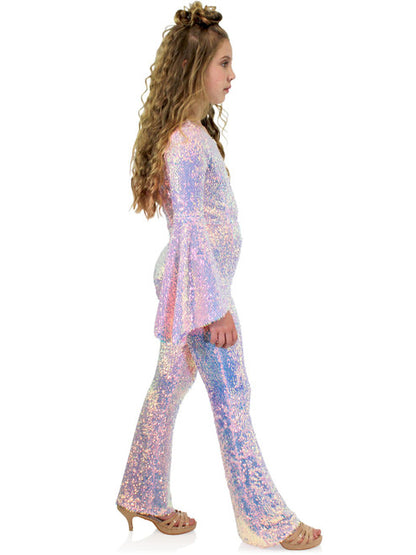 Marc Defang 8004K Sequin Bell Sleeve Pageant Jumpsuit Overskirt Fun Fashion   Price is inclusive of overskirt  Fully beaded jumpsuit Bell sleeve Option of matching overskirt Knitted inner comfort lining  Available Sizes: 4-14  Available Colors: Baby Pink, Light Purple, Light Orange, Mint