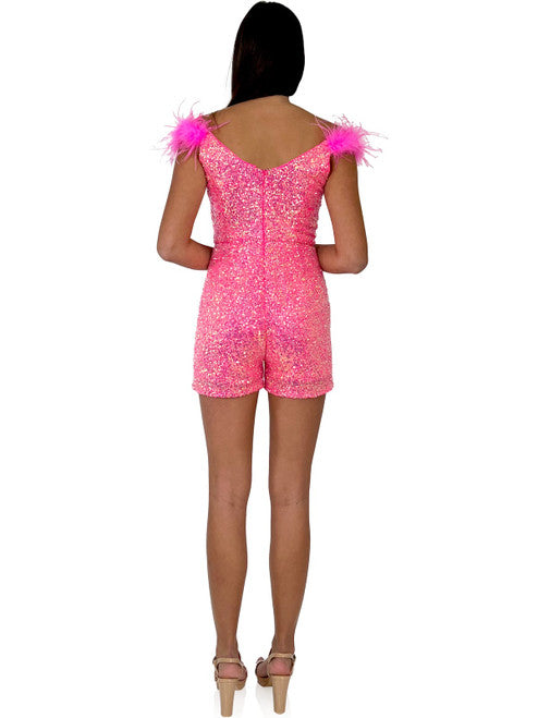 The Marc Defang 8252 Short Sequin Pageant Romper is an off-the-shoulder dress with a fun, fashionable style. It features an iridescent sequin design, ostrich feathers on the shoulder, a v-neck cut and an invisible zipper closure in the back. This form-flattering Romper is fully lined and comes in a variety of colors and sizes.  Sizes: 00-16  Colors: Hot Pink, Yellow