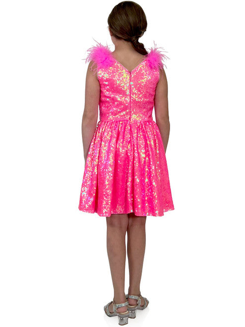 This Marc Defang formal dress is for the modern girl. Crafted from high-quality fabric, the dress features an eye-catching sequin feather V-neckline, and an A-line silhouette. Perfect for pageants, this dress is sure to make a statement.  Sizes: 4,5,6,7,8,9,10,11,12,13,14  Colors: Barbie Pink - Inquire to swatches for additional colors. 30 days