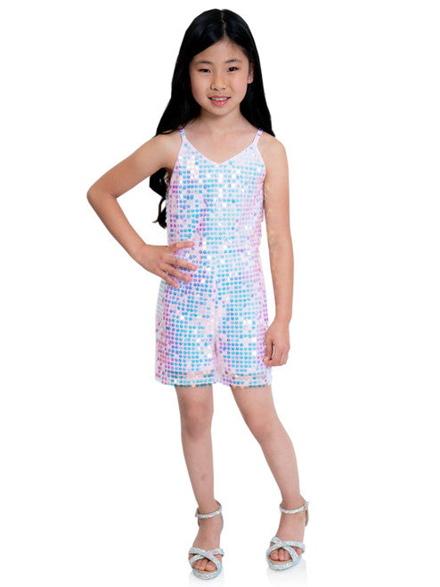 Marc Defang 5002 High Low Sequin Girls Pageant Romper Layered Detachable Overskirt   Fun fashion romper Detachable Overskirt (Price inclusive of the overskirt) Large circle shape beads, Fully beaded romper  Ruffled detachable skirt  Center back invisible zipper Lined top Available Sizes: 4-14  Available Colors: Pink