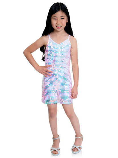 Marc Defang 5002 High Low Sequin Girls Pageant Romper Layered Detachable Overskirt   Fun fashion romper Detachable Overskirt (Price inclusive of the overskirt) Large circle shape beads, Fully beaded romper  Ruffled detachable skirt  Center back invisible zipper Lined top Available Sizes: 4-14  Available Colors: Pink