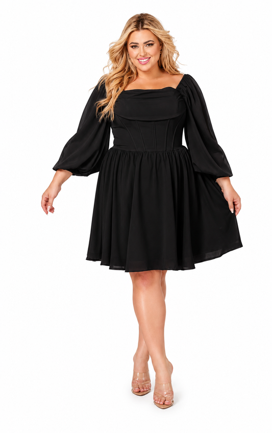 Abby Rose 3190 Size 18,24,30 Black Cocktail Dress Corset Long Sleeve