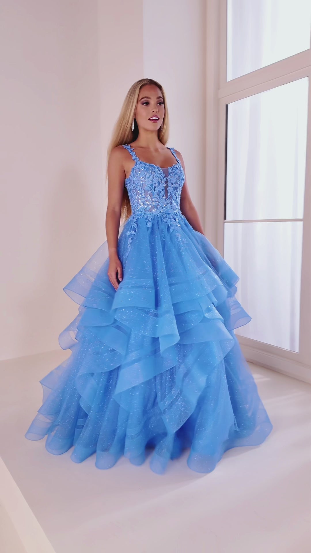 Ellie Wilde EW36035 Sheer Lace Shimmer Ruffle Prom Dress Ballgown