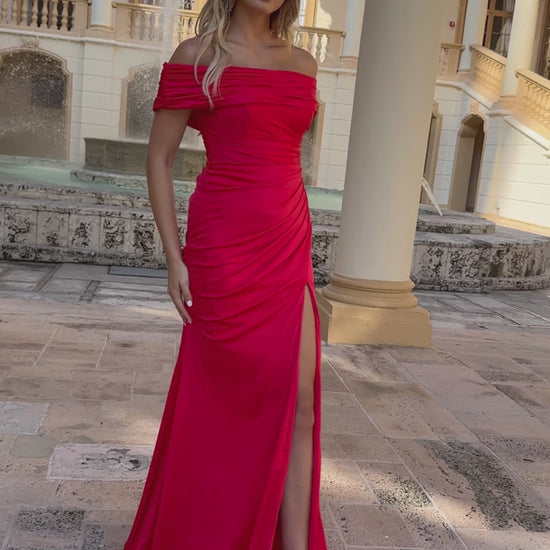 This Ava Presley long prom dress is the epitome of elegance and sophistication. The off-shoulder design flatters the neckline, while the fitted silhouette accentuates your curves. The high slit and ruching details add a touch of drama to this formal pageant gown. Perfect for making a statement at any special occasion.