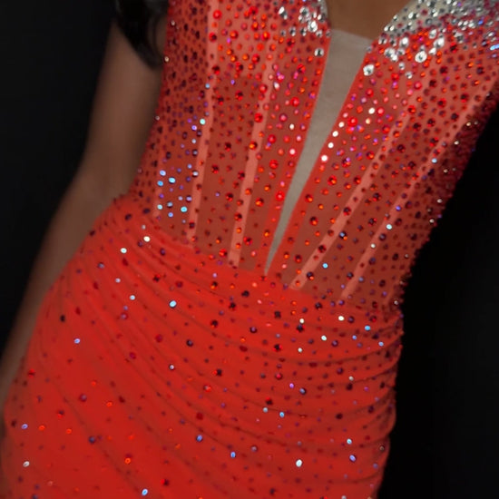 Elevate your evening with the Ashley Lauren 4877, a short fitted cocktail gown designed to captivate. Featuring a sheer crystal corset and a flattering V-neckline, this homecoming dress combines elegance with a modern edge. Its tailored silhouette enhances your figure, making it perfect for memorable occasions where sophistication is key.&nbsp;Shine bright in the ASHLEYlauren Style 4877, a dazzling press-on fabric mini dress featuring an ombre effect with beaded detailing on the bust and body. This sweethea
