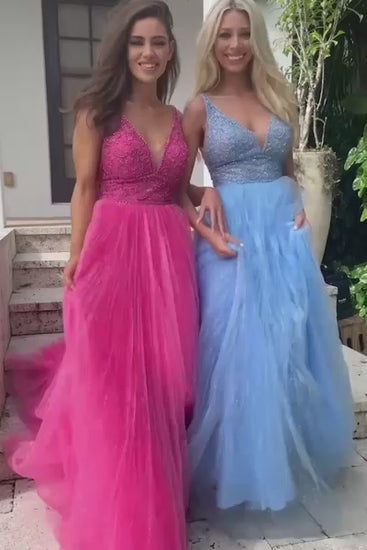 Jovani JVN05818 - JVN 05818 is a Gorgeous Long Glittering Tulle A Line ballgown prom dress. Featuring a sheer Fitted V Neckline bodice with crystal rhinestone embellishments. Open V Back. Look like a princess in this stunning formal evening gown.  Available Sizes: 00,0,2,4,6,8,10,12,14,16,18,20,22,24  Available Colors: Blush, Fuchsia, Light Blue