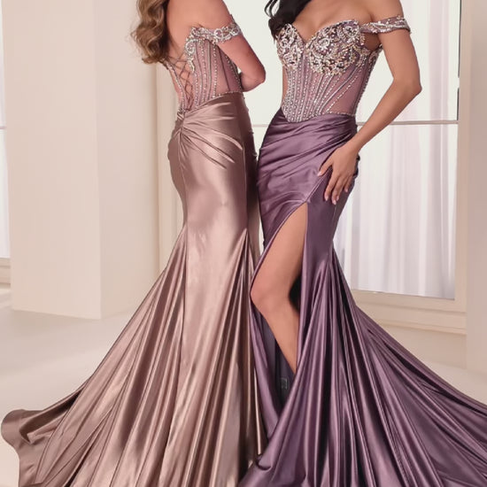 Make a stunning entrance in the Ellie Wilde EW37016 prom dress, designed to turn heads. This elegant gown features a sheer crystal-embellished corset bodice with a sweetheart neckline that exudes sophistication. The off-the-shoulder design is customizable with included detachable straps, allowing you to wear it your way. The mermaid silhouette hugs your curves beautifully before flowing into a dramatic skirt, while the basque waistline creates a flattering, defined shape. Crafted from stretch knit fabric ad