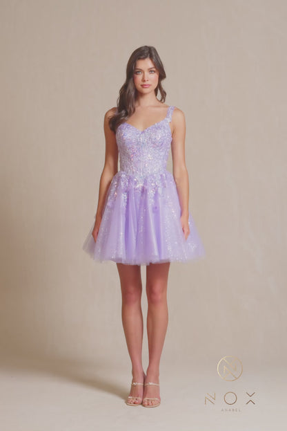 Nox Anabel H846 Short Shimmer Lace Homecoming Dress Sequin Corset Cocktail Gown