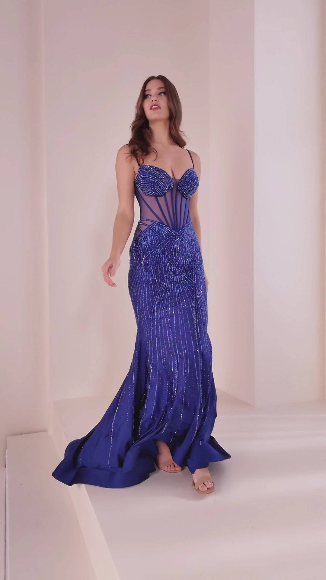 Ellie Wilde EW36001 Long Sheer Corset Crystal Prom Dress Backless