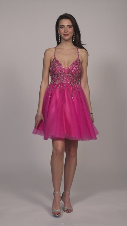 Dave & Johnn 11764 Size 8 Fuchsia Short Shimmer Tulle Flared Homecoming Dress Sheer Beaded Bodice