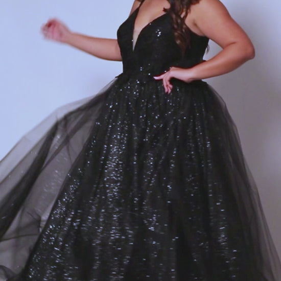 This plus-size evening gown from Sydneys Closet features a glamorous sequin-encrusted bodice, a V-neckline, and an A-line skirt for a modern, flattering silhouette. Crafted from luxurious fabrics, this formal gown is perfect for special occasions. 