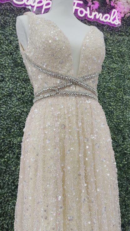 Johnathan Kayne 5400 Size 4 Champagne Long Beaded Sequin A Line Crystal Formal Evening Dress Gown V Neck