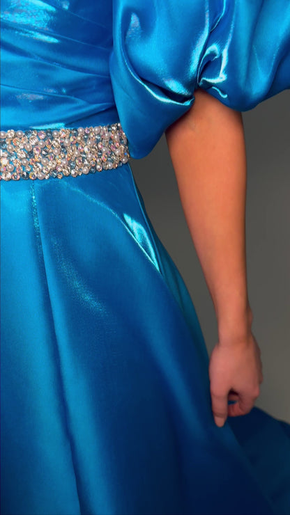 Ashley Lauren 11474 Long Prom Dress Strapless Satin Ball Gown Beaded Belt Detachable Puff Sleeves Formal Pageant