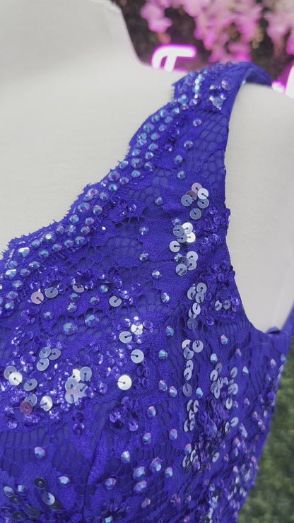 Johnathan Kayne 2314 size 10 Royal  Cocktail Dress Lace V Neckline Full Feather Short Skirt